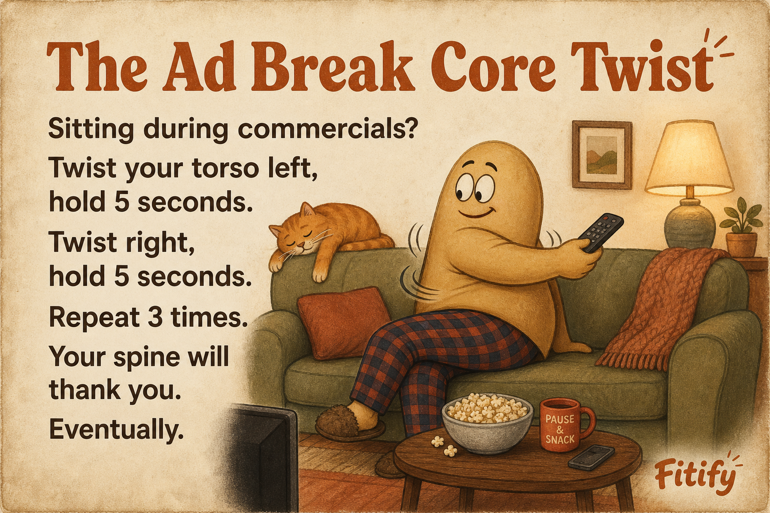 The Ad Break Core Twist — Sitting during commercials? Twist your torso left, hold 5 seconds. Twist right, hold 5 seconds. Repeat 3 times. Your spine will thank you. Eventually.