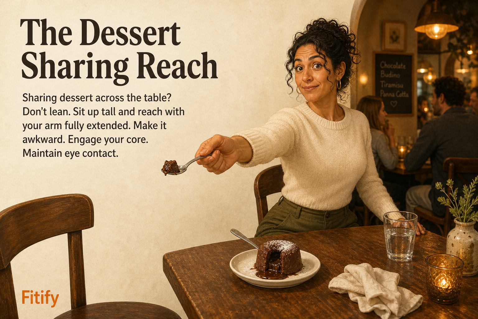The Dessert Sharing Reach — Sharing dessert across the table? Don't lean. Sit up tall and reach with your arm fully extended. Make it awkward. Engage your core. Maintain eye contact.