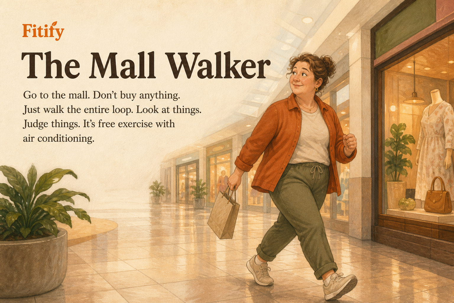 The Mall Walker — Go to the mall. Don't buy anything. Just walk the entire loop. Look at things. Judge things. It's free exercise with air conditioning.