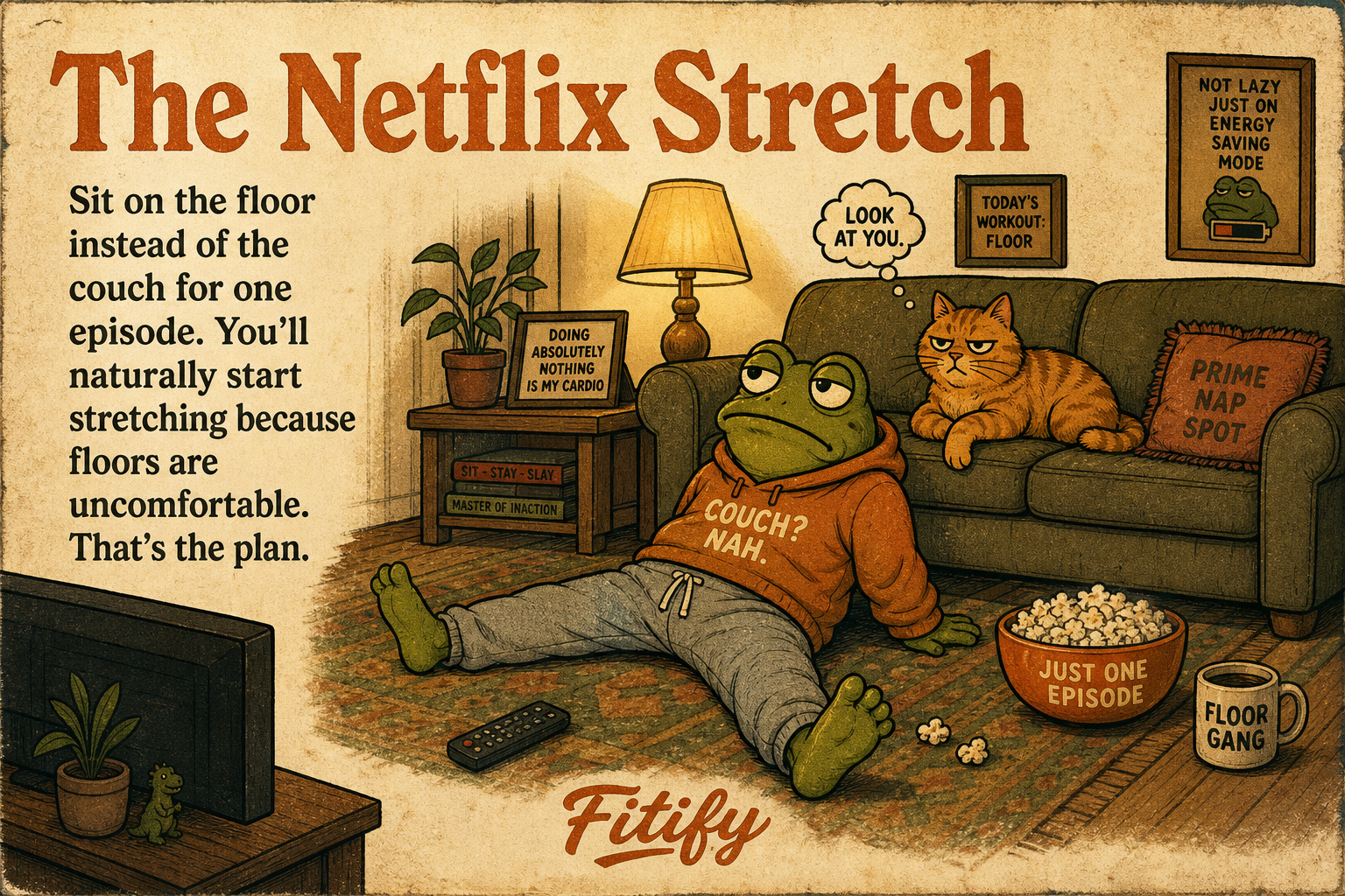 The Netflix Stretch — Sit on the floor instead of the couch for one episode. You'll naturally start stretching because floors are uncomfortable. That's the plan.