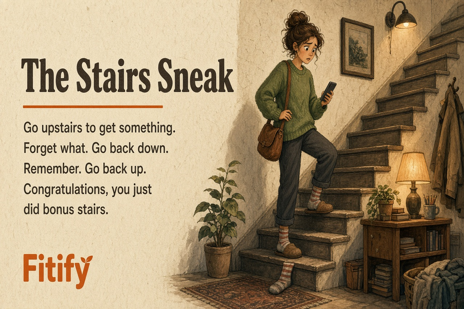 The Stairs Sneak — Go upstairs to get something. Forget what. Go back down. Remember. Go back up. Congratulations, you just did bonus stairs.