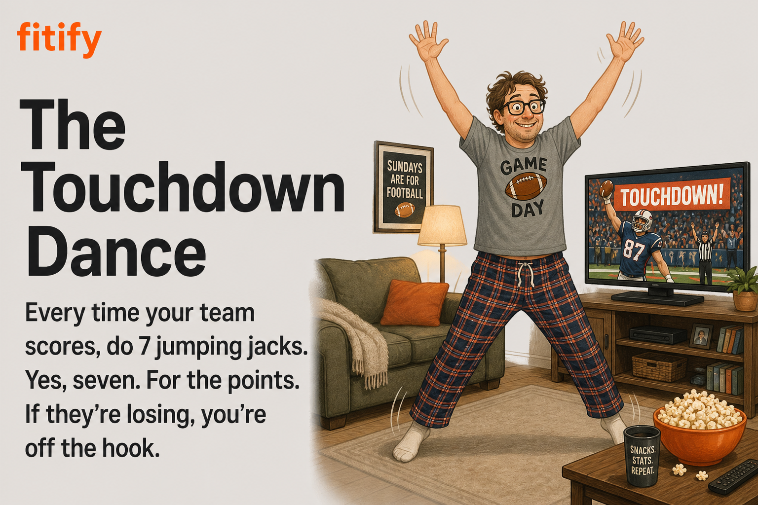 The Touchdown Dance — Every time your team scores, do 7 jumping jacks. Yes, seven. For the points. If they're losing, you're off the hook.
