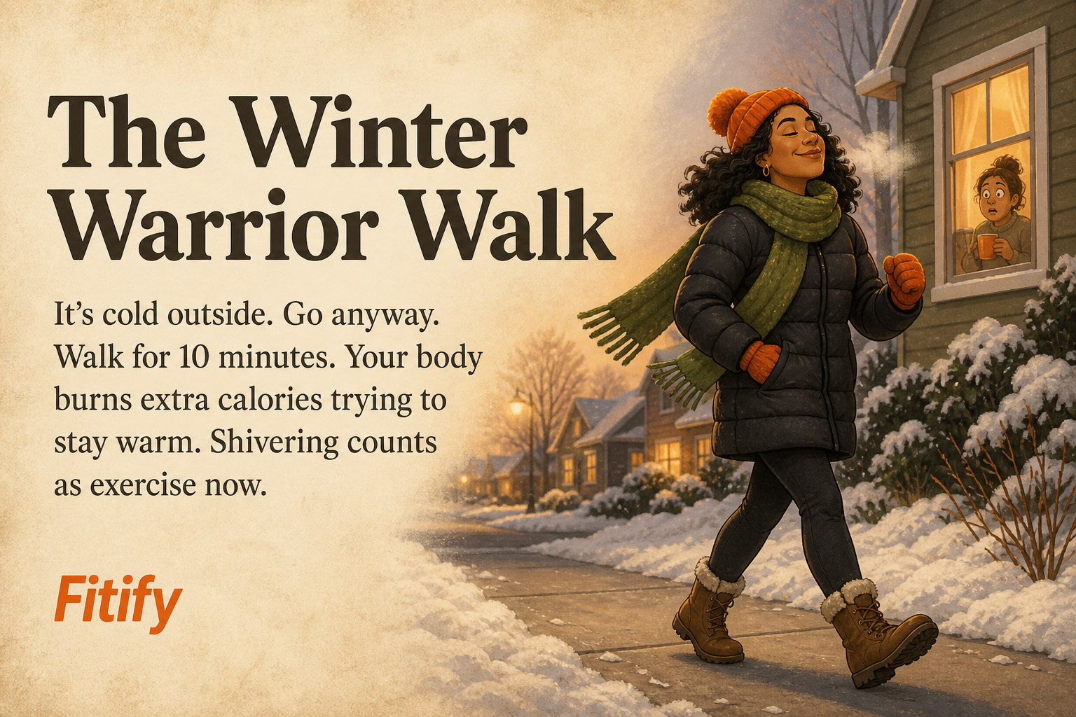 The Winter Warrior Walk — It's cold outside. Go anyway. Walk for 10 minutes. Your body burns extra calories trying to stay warm. Shivering counts as exercise now.